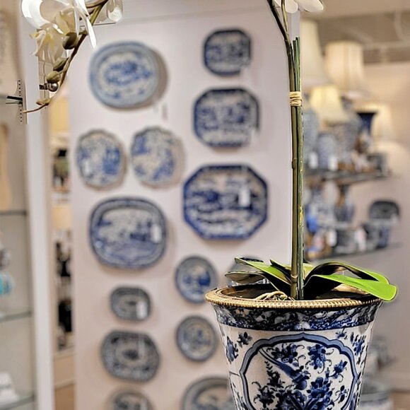 Blue, White Chinoiserie Porcelain Planter. Hand Painted. Bronze Accents (10"H) - Picture 5 of 9